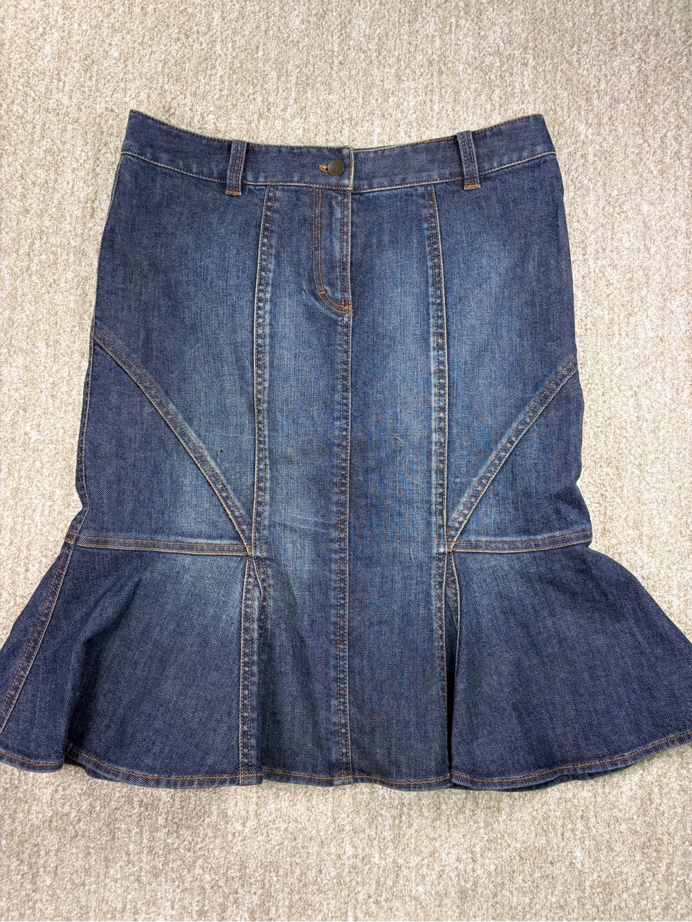 Vintage Y2K Adrienne Vittadini Dark Blue Denim A-Line Ruffled Hem Skirt